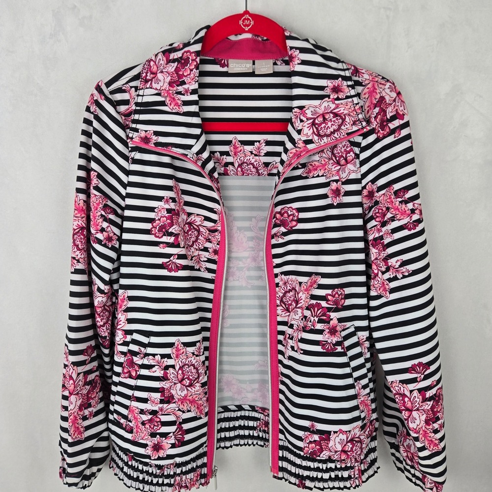 Chicos Zenergy Floral Stripe Full Zip Lightweight Wind Jacket Pink Sz 1 M 8/10